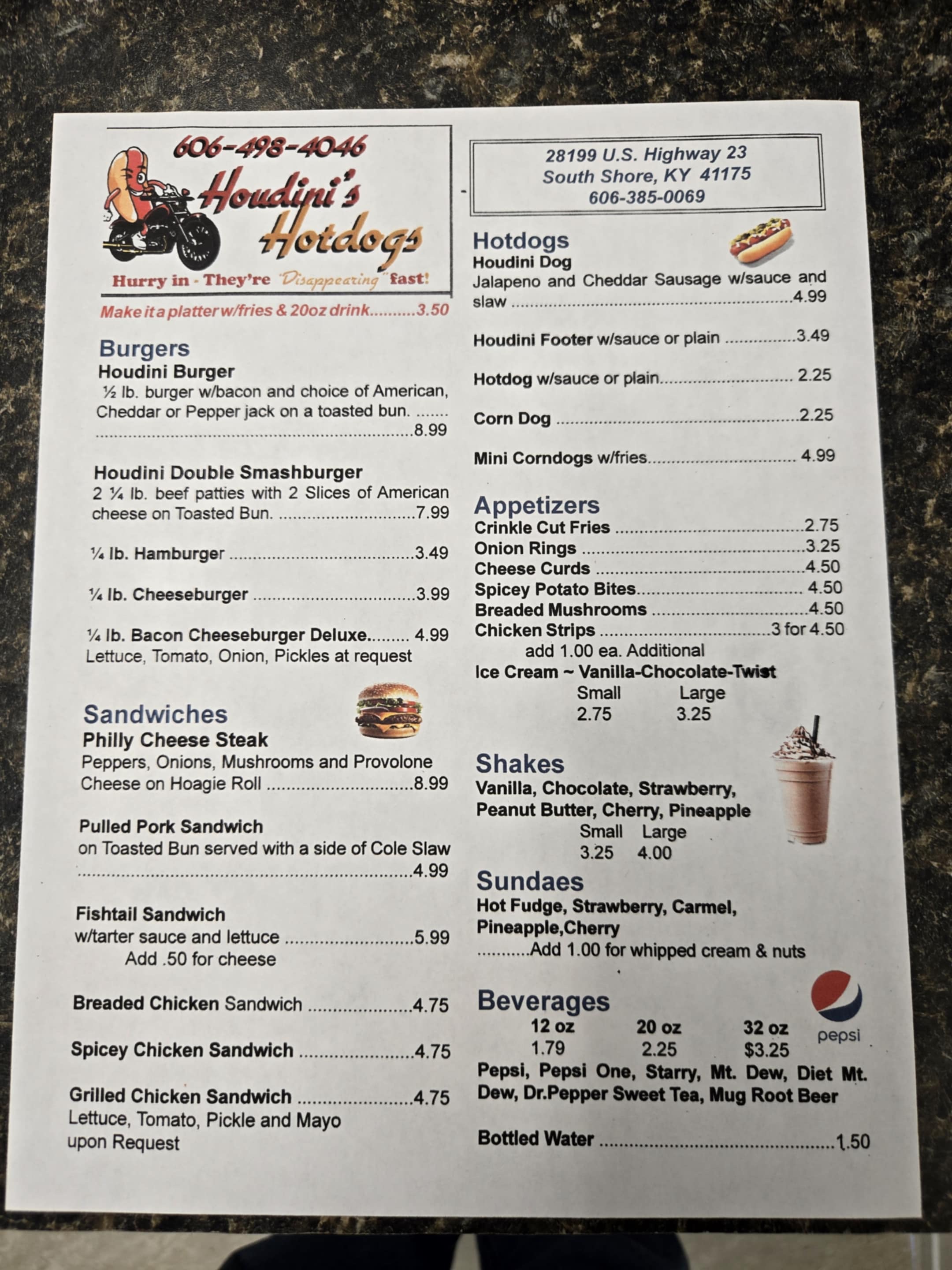 Houdini's Hotdogs Menu